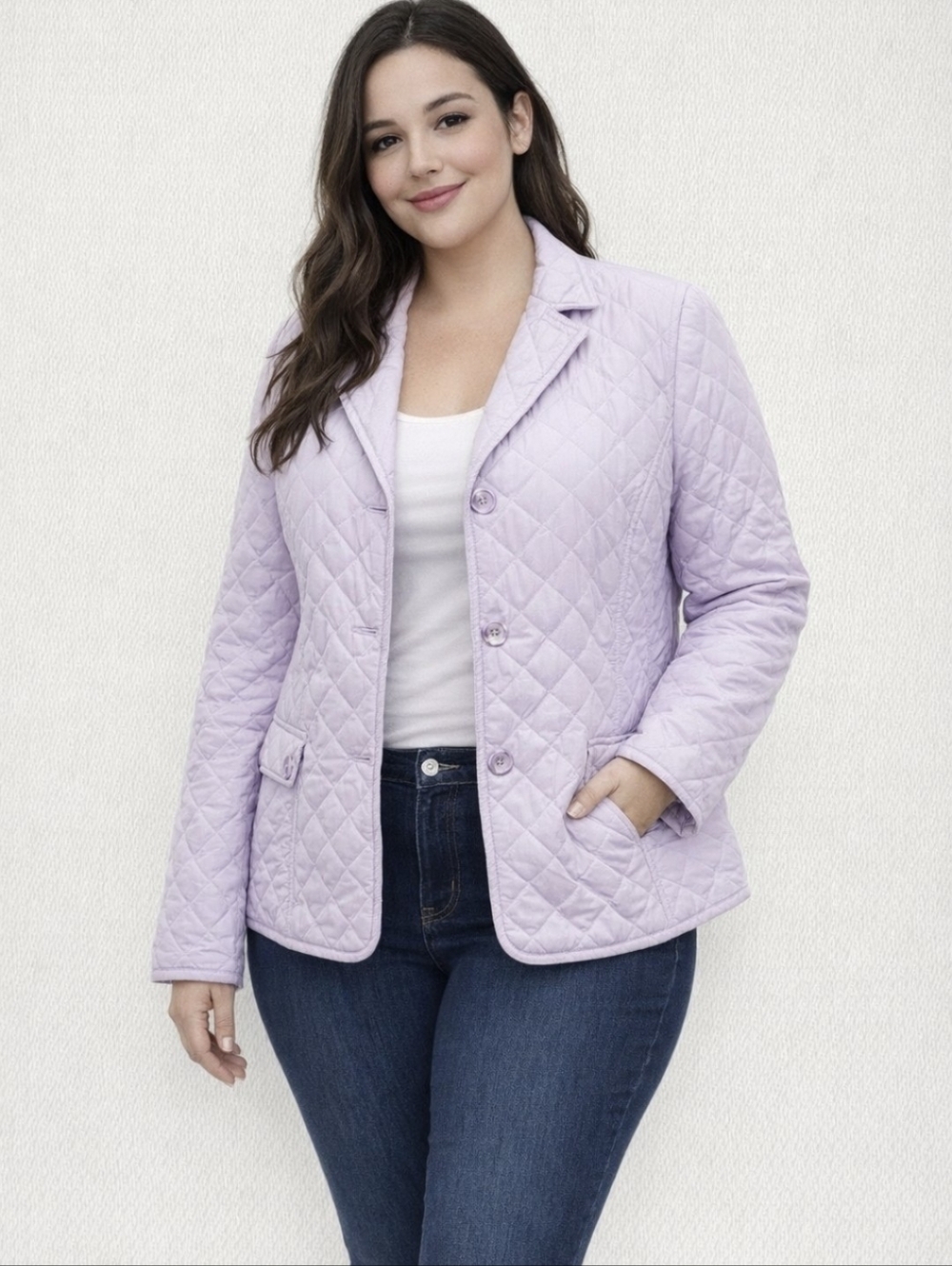 Quilted collared button up hip length Lilac coat